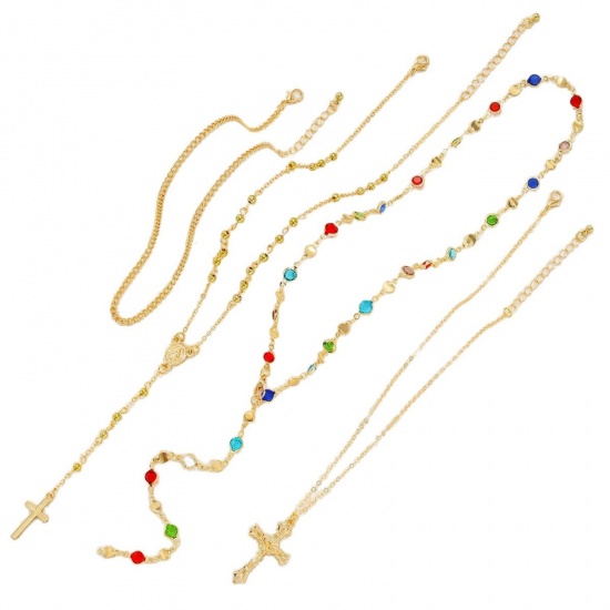 Imagen de Cruz Conjunto de Collares en Capas Apilables Al Por Mayor, Multicolor Latón & Aleación Mujeres Religión Hip Hop Regalo Joyería Para Minorista, 1 Juego