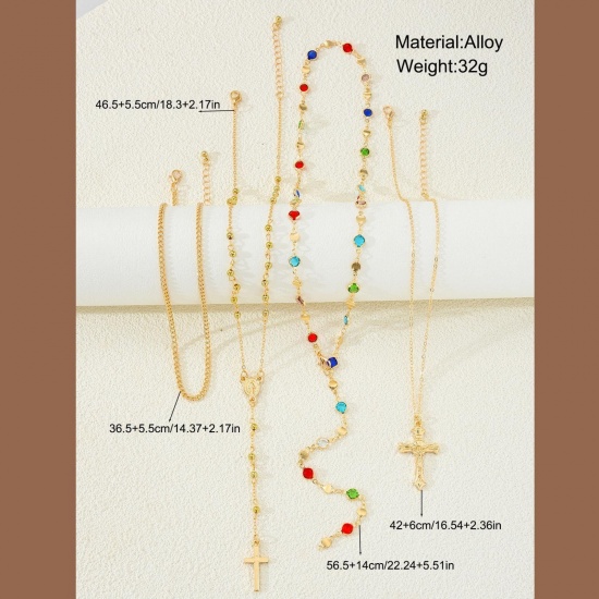 Imagen de Cruz Conjunto de Collares en Capas Apilables Al Por Mayor, Multicolor Latón & Aleación Mujeres Religión Hip Hop Regalo Joyería Para Minorista, 1 Juego