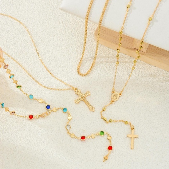 Imagen de Cruz Conjunto de Collares en Capas Apilables Al Por Mayor, Multicolor Latón & Aleación Mujeres Religión Hip Hop Regalo Joyería Para Minorista, 1 Juego