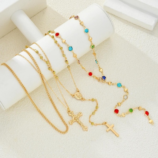 Imagen de Cruz Conjunto de Collares en Capas Apilables Al Por Mayor, Multicolor Latón & Aleación Mujeres Religión Hip Hop Regalo Joyería Para Minorista, 1 Juego