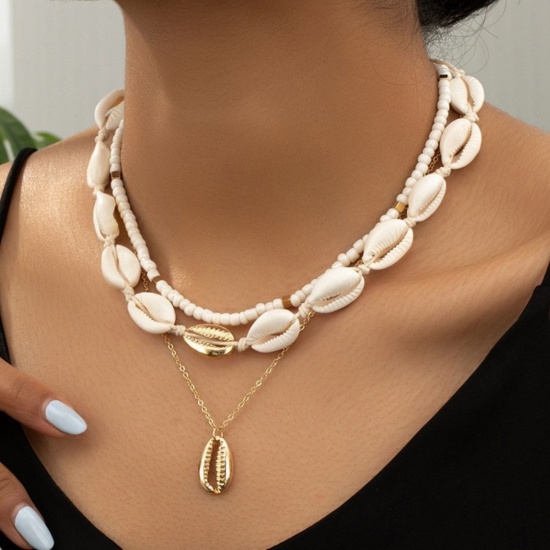 Bild von Großhandel Muschel Stapelbares Mehrlagen-Halskettenset, Vergoldet Messing und Acryl Frauen Ozean Schmuck Böhmen Geschenk Schmuck für Einzelhändler