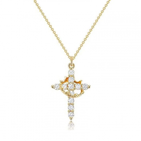 Picture of Wholesale Cross Crown Clear Cubic Zirconia Pendant Charm Necklace, Multicolor Brass Link Cable Chain, Women's Religious Simple & Casual Gift Jewelry For Retailer, 45cm(17.7") + 5cm(2") long