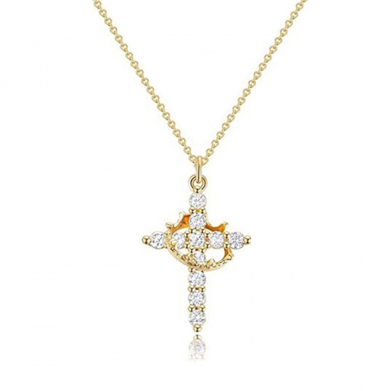 Picture of Wholesale Cross Crown Clear Cubic Zirconia Pendant Charm Necklace, Multicolor Brass Link Cable Chain, Women's Religious Simple & Casual Gift Jewelry For Retailer, 45cm(17.7") + 5cm(2") long
