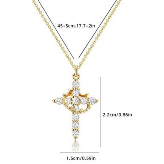 Picture of Wholesale Cross Crown Clear Cubic Zirconia Pendant Charm Necklace, Multicolor Brass Link Cable Chain, Women's Religious Simple & Casual Gift Jewelry For Retailer, 45cm(17.7") + 5cm(2") long