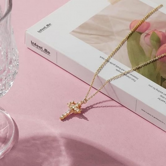 Picture of Wholesale Cross Crown Clear Cubic Zirconia Pendant Charm Necklace, Multicolor Brass Link Cable Chain, Women's Religious Simple & Casual Gift Jewelry For Retailer, 45cm(17.7") + 5cm(2") long