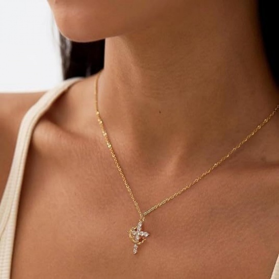 Picture of Wholesale Cross Crown Clear Cubic Zirconia Pendant Charm Necklace, Multicolor Brass Link Cable Chain, Women's Religious Simple & Casual Gift Jewelry For Retailer, 45cm(17.7") + 5cm(2") long