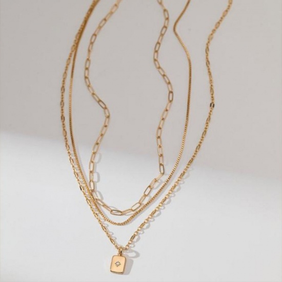 Bild von Großhandel Rechteck Stern Stapelbares Mehrlagen-Halskettenset, Bunt Messing Frauen Einfach Ins Stil Geschenk Schmuck für Einzelhändler, 45cm + 5cm lang