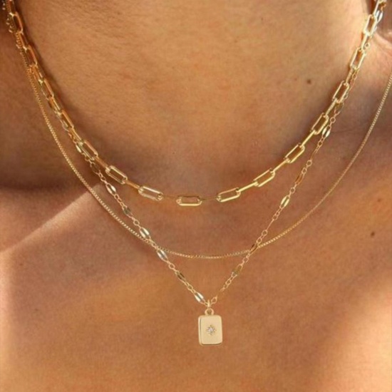 Bild von Großhandel Rechteck Stern Stapelbares Mehrlagen-Halskettenset, Bunt Messing Frauen Einfach Ins Stil Geschenk Schmuck für Einzelhändler, 45cm + 5cm lang