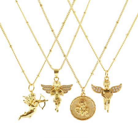Picture of Wholesale Angel Pendant Charm Necklace, 18K Real Gold Plated Brass Curb Link Chain, Women's Eco-friendly Religious Retro Gift Jewelry For Retailer, 45cm(17.7") + 5cm(2") long