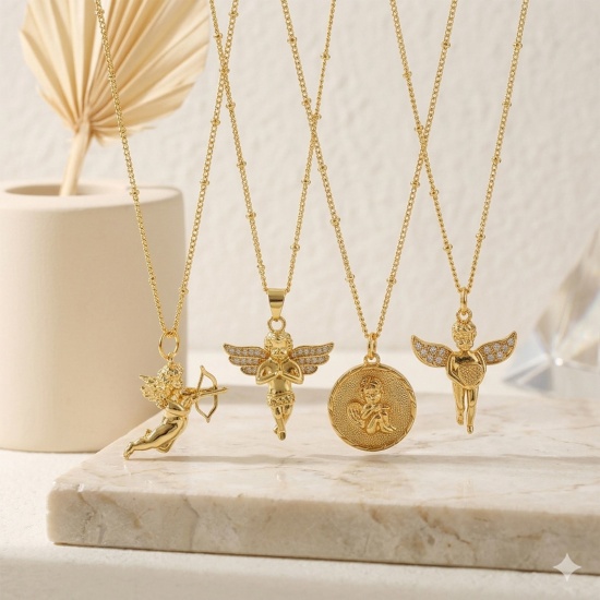 Bild von Großhandel Engel Anhänger Halskette, 18K Echtgold plattiert Messing Panzerkette Kette, Frauen Umweltfreundlich Religiös Retro Geschenk Schmuck für Einzelhändler, 45cm + 5cm lang