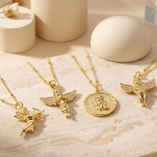 Bild von Großhandel Engel Anhänger Halskette, 18K Echtgold plattiert Messing Panzerkette Kette, Frauen Umweltfreundlich Religiös Retro Geschenk Schmuck für Einzelhändler, 45cm + 5cm lang