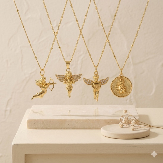 Bild von Großhandel Engel Anhänger Halskette, 18K Echtgold plattiert Messing Panzerkette Kette, Frauen Umweltfreundlich Religiös Retro Geschenk Schmuck für Einzelhändler, 45cm + 5cm lang