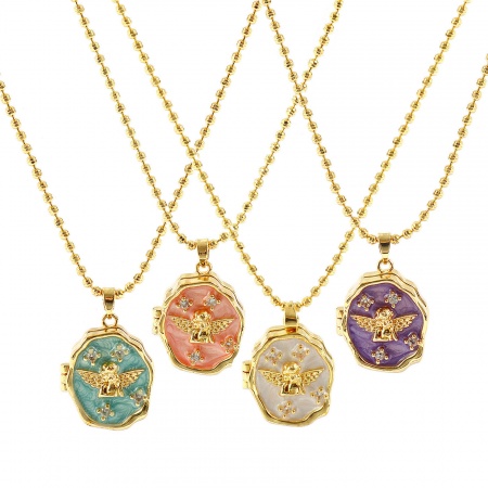Picture of Wholesale Oval Angel Multicolor Enamel Pendant Charm Necklace, 18K Real Gold Plated Brass Ball Chain, Women's Eco-friendly Picture Photo Frame Locket Retro Gift Jewelry For Retailer, 45cm(17.7") + 5cm(2") long