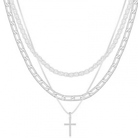 Picture of Wholesale Cross Layered Stackable Necklace Set, Multicolor Brass Women's Simple Religious Gift Jewelry For Retailer, 45cm(17.7") + 5cm(2") long