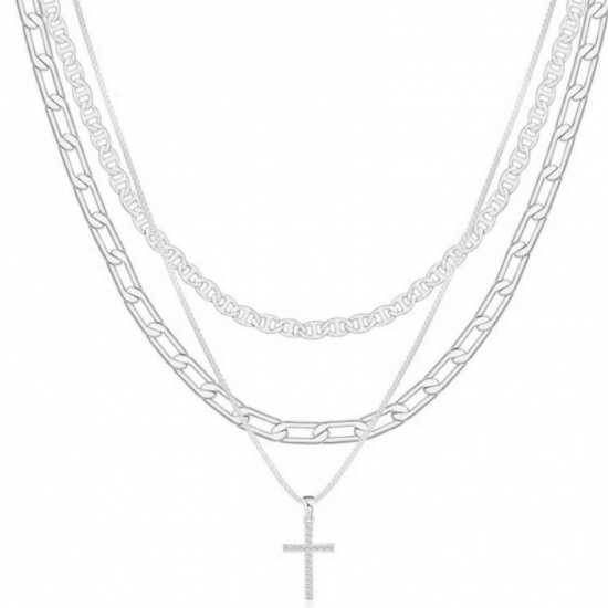 Bild von Großhandel Kreuz Stapelbares Mehrlagen-Halskettenset, Bunt Messing Frauen Einfach Religiös Geschenk Schmuck für Einzelhändler, 45cm + 5cm lang