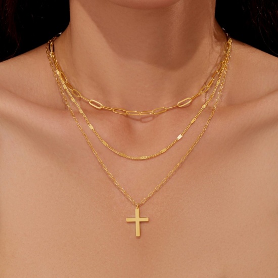 Bild von Großhandel Kreuz Stapelbares Mehrlagen-Halskettenset, Bunt Messing Frauen Einfach Religiös Geschenk Schmuck für Einzelhändler, 45cm + 5cm lang