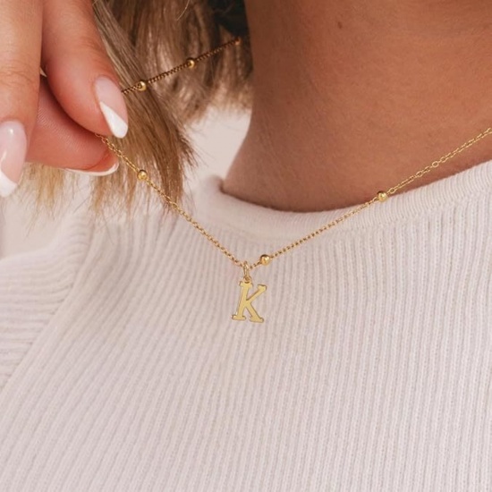 Picture of Wholesale Capital Alphabet Initial Letter Pendant Charm Necklace, 18K Gold Plated Brass Ball Chain, Women's Simple Dainty Gift Jewelry For Retailer, 40cm(15.7") + 5cm(2") long