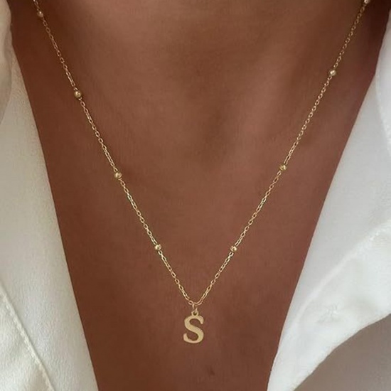 Picture of Wholesale Capital Alphabet Initial Letter Pendant Charm Necklace, 18K Gold Plated Brass Ball Chain, Women's Simple Dainty Gift Jewelry For Retailer, 40cm(15.7") + 5cm(2") long