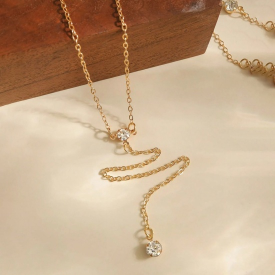 Picture of Wholesale Y Shaped Clear Cubic Zirconia Station Necklace, Multicolor 304 Stainless Steel Women's Simple Ins Style Gift Jewelry For Retailer, 50cm(19.7") + 5cm(2") long