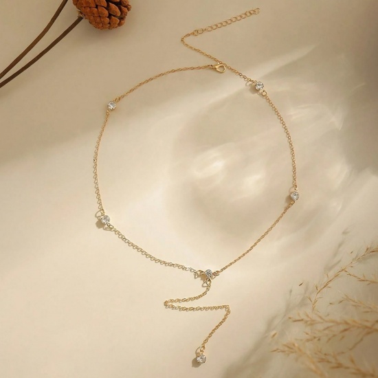 Picture of Wholesale Y Shaped Clear Cubic Zirconia Station Necklace, Multicolor 304 Stainless Steel Women's Simple Ins Style Gift Jewelry For Retailer, 50cm(19.7") + 5cm(2") long
