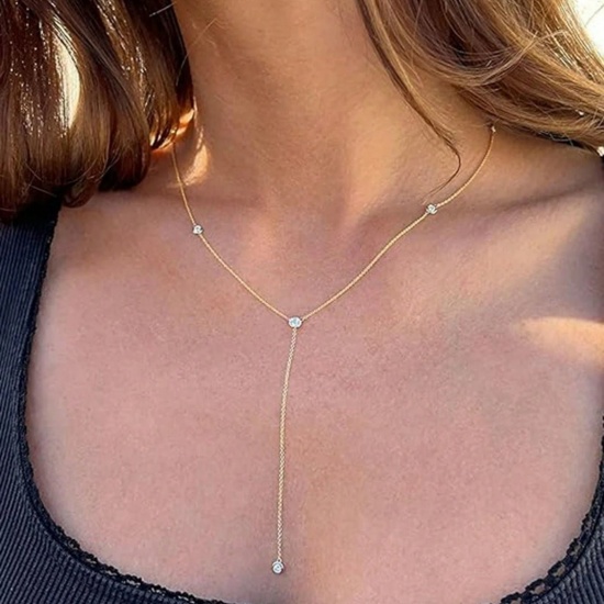 Picture of Wholesale Y Shaped Clear Cubic Zirconia Station Necklace, Multicolor 304 Stainless Steel Women's Simple Ins Style Gift Jewelry For Retailer, 50cm(19.7") + 5cm(2") long