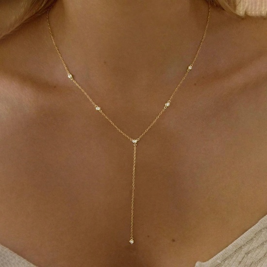 Picture of Wholesale Y Shaped Clear Cubic Zirconia Station Necklace, Multicolor 304 Stainless Steel Women's Simple Ins Style Gift Jewelry For Retailer, 50cm(19.7") + 5cm(2") long
