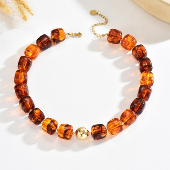 Picture of Wholesale Abacus Multicolor Curb Link Chain Beaded Necklace, Gold Plated Stainless Steel & Resin, Women's Hypoallergenic Boho Chic Bohemia Ethnic Style Gift Jewelry For Retailer, 42cm(16.5") + 7cm(2.8") long