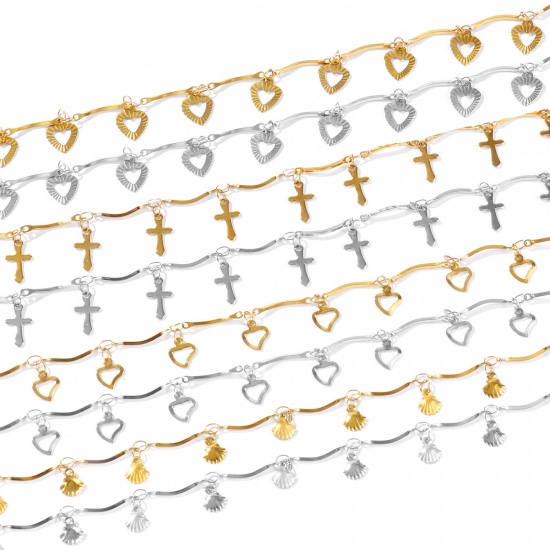 Immagine di Cuore Conchiglia 304 Acciaio Inossidabile Catena a Maglia Fatta a Mano Cavigliera della Stazione All'Ingrosso, Multicolore Donne Semplice Dolce & Carino Regalo Fornitura di Gioielli, 22cm + 5cm Lunghezza, 1 Pz