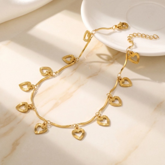 Immagine di Cuore Conchiglia 304 Acciaio Inossidabile Catena a Maglia Fatta a Mano Cavigliera della Stazione All'Ingrosso, Multicolore Donne Semplice Dolce & Carino Regalo Fornitura di Gioielli, 22cm + 5cm Lunghezza, 1 Pz