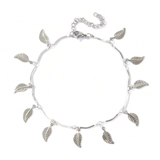 Picture of Wholesale Pentagram Star Flower Leaves 304 Stainless Steel Handmade Link Chain Station Anklet, Silver Tone Women's Simple Sweet & Cute Gift Jewelry Supply, 22cm(8.7") + 5cm(2") long