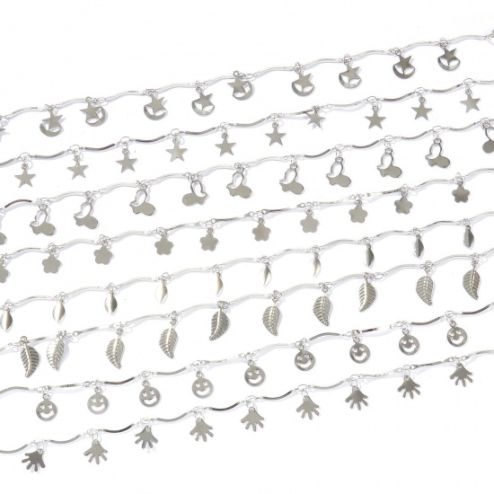 Picture of Wholesale Pentagram Star Flower Leaves 304 Stainless Steel Handmade Link Chain Station Anklet, Silver Tone Women's Simple Sweet & Cute Gift Jewelry Supply, 22cm(8.7") + 5cm(2") long