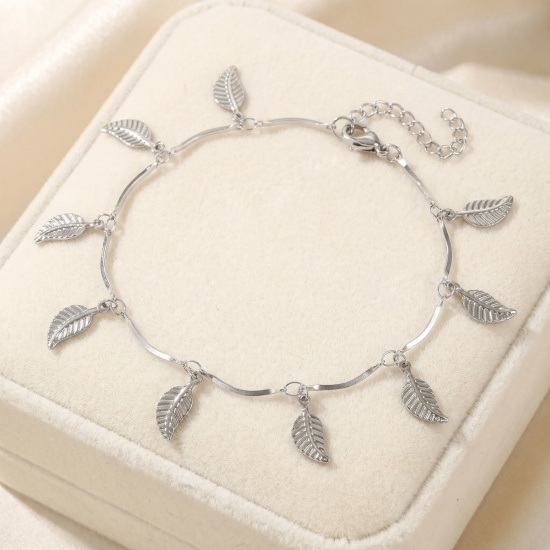 Picture of Wholesale Pentagram Star Flower Leaves 304 Stainless Steel Handmade Link Chain Station Anklet, Silver Tone Women's Simple Sweet & Cute Gift Jewelry Supply, 22cm(8.7") + 5cm(2") long