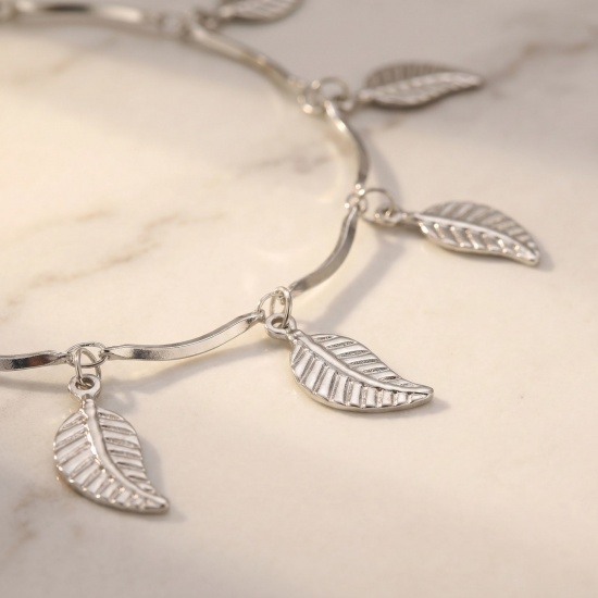 Picture of Wholesale Pentagram Star Flower Leaves 304 Stainless Steel Handmade Link Chain Station Anklet, Silver Tone Women's Simple Sweet & Cute Gift Jewelry Supply, 22cm(8.7") + 5cm(2") long