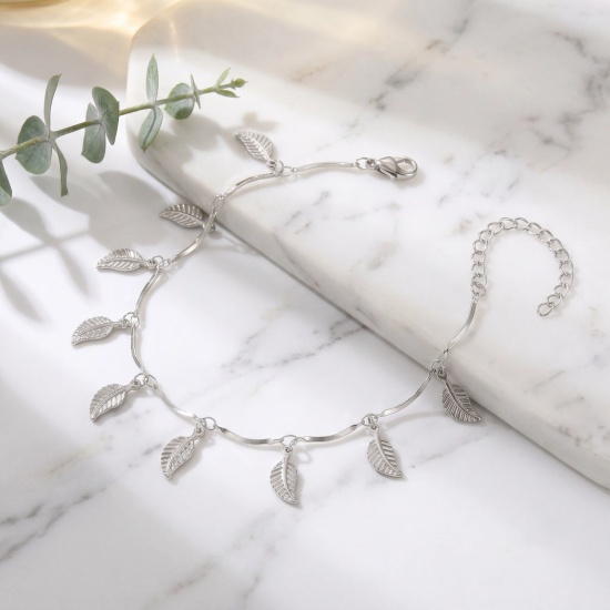 Picture of Wholesale Pentagram Star Flower Leaves 304 Stainless Steel Handmade Link Chain Station Anklet, Silver Tone Women's Simple Sweet & Cute Gift Jewelry Supply, 22cm(8.7") + 5cm(2") long