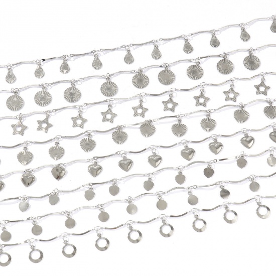 Picture of Wholesale Geometric 304 Stainless Steel Handmade Link Chain Station Anklet, Silver Tone Women's Simple Sweet & Cute Gift Jewelry Supply, 22cm(8.7") + 5cm(2") long