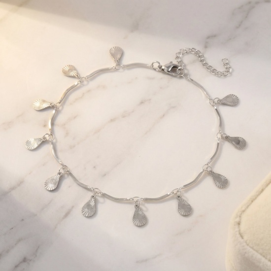 Picture of Wholesale Geometric 304 Stainless Steel Handmade Link Chain Station Anklet, Silver Tone Women's Simple Sweet & Cute Gift Jewelry Supply, 22cm(8.7") + 5cm(2") long