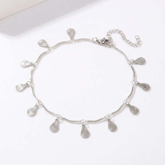 Picture of Wholesale Geometric 304 Stainless Steel Handmade Link Chain Station Anklet, Silver Tone Women's Simple Sweet & Cute Gift Jewelry Supply, 22cm(8.7") + 5cm(2") long
