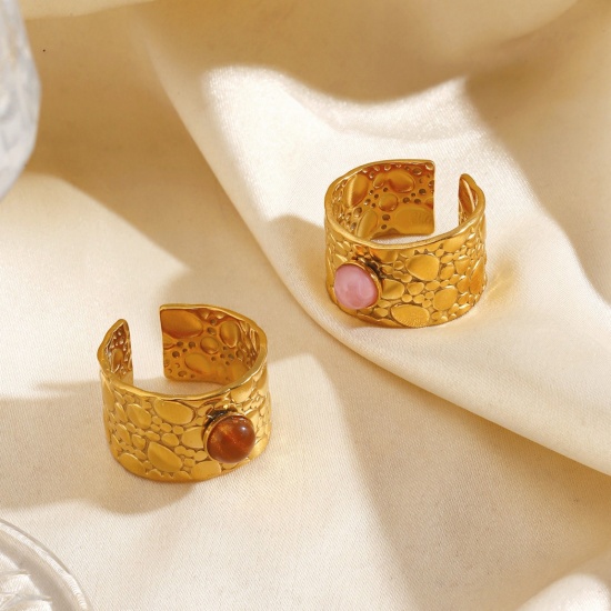 Picture of Wholesale Unisex Gift Open Adjustable Rings, 18K Gold Plated 304 Stainless Steel & Stone, PVD Simple Retro Jewelry Supply, 18mm(US Size 7.75)