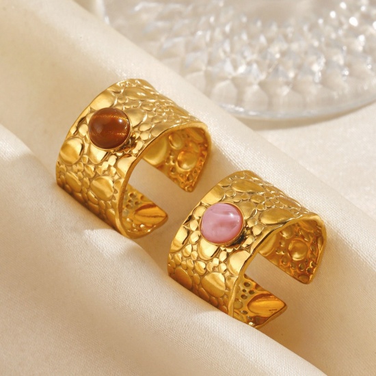 Picture of Wholesale Unisex Gift Open Adjustable Rings, 18K Gold Plated 304 Stainless Steel & Stone, PVD Simple Retro Jewelry Supply, 18mm(US Size 7.75)