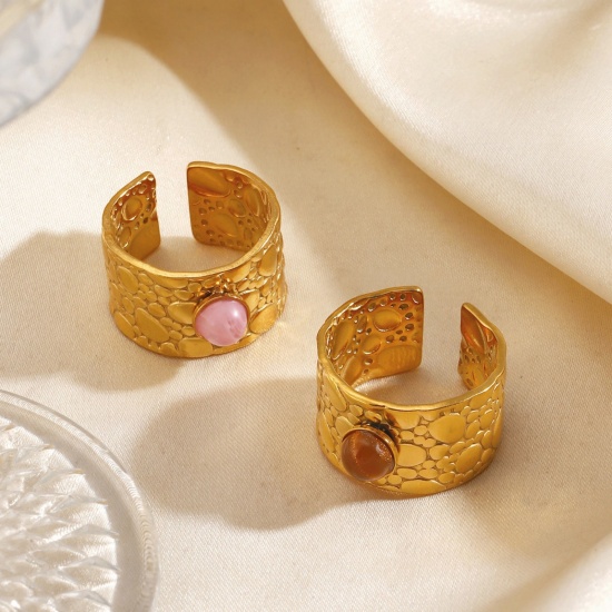 Picture of Wholesale Unisex Gift Open Adjustable Rings, 18K Gold Plated 304 Stainless Steel & Stone, PVD Simple Retro Jewelry Supply, 18mm(US Size 7.75)