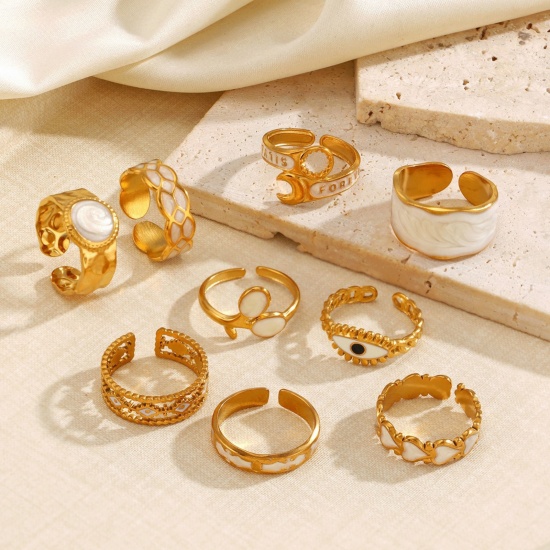 Picture of Wholesale Unisex Gift White Enamel Open Adjustable Rings, 18K Gold Plated 304 Stainless Steel, PVD Simple Stylish Jewelry Supply