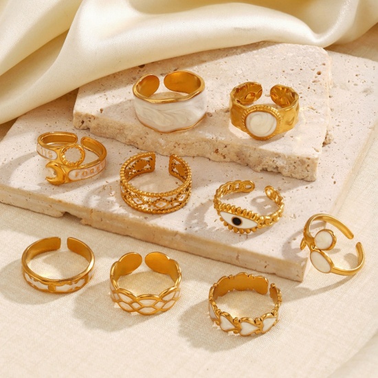 Picture of Wholesale Unisex Gift White Enamel Open Adjustable Rings, 18K Gold Plated 304 Stainless Steel, PVD Simple Stylish Jewelry Supply