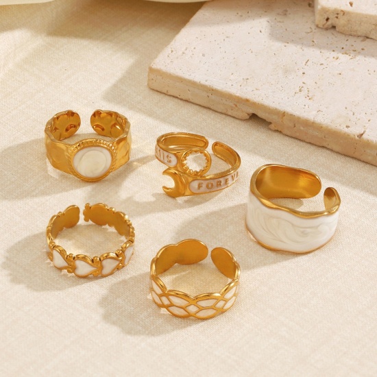 Picture of Wholesale Unisex Gift White Enamel Open Adjustable Rings, 18K Gold Plated 304 Stainless Steel, PVD Simple Stylish Jewelry Supply