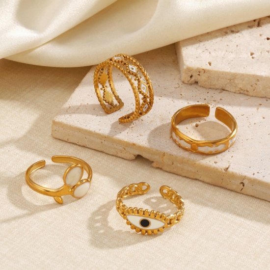 Picture of Wholesale Unisex Gift White Enamel Open Adjustable Rings, 18K Gold Plated 304 Stainless Steel, PVD Simple Stylish Jewelry Supply