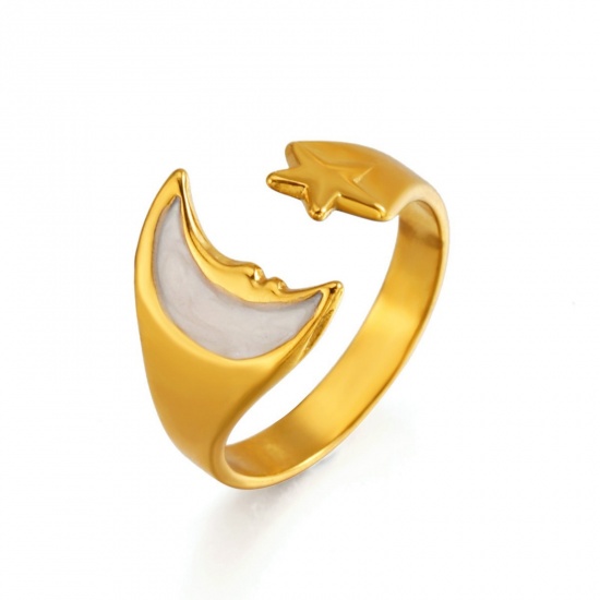 Picture of Wholesale Women's Gift Sun Star Enamel Open Adjustable Rings, 18K Gold Plated 304 Stainless Steel, PVD Galaxy Stylish Jewelry Supply, 17mm(US Size 6.5)