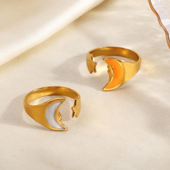 Picture of Wholesale Women's Gift Sun Star Enamel Open Adjustable Rings, 18K Gold Plated 304 Stainless Steel, PVD Galaxy Stylish Jewelry Supply, 17mm(US Size 6.5)