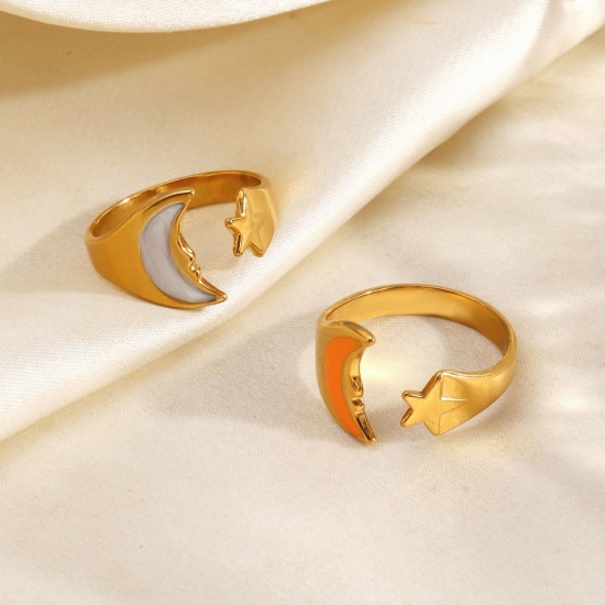 Picture of Wholesale Women's Gift Sun Star Enamel Open Adjustable Rings, 18K Gold Plated 304 Stainless Steel, PVD Galaxy Stylish Jewelry Supply, 17mm(US Size 6.5)