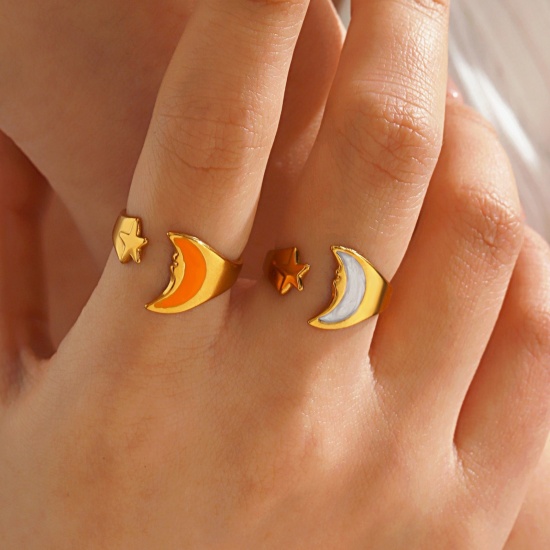 Picture of Wholesale Women's Gift Sun Star Enamel Open Adjustable Rings, 18K Gold Plated 304 Stainless Steel, PVD Galaxy Stylish Jewelry Supply, 17mm(US Size 6.5)