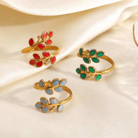 Picture of Wholesale Women's Gift Leaf Multicolor Enamel Open Adjustable Rings, 18K Gold Plated 304 Stainless Steel, PVD Stylish Natural Pastoral Jewelry Supply, 18mm(US Size 7.75)