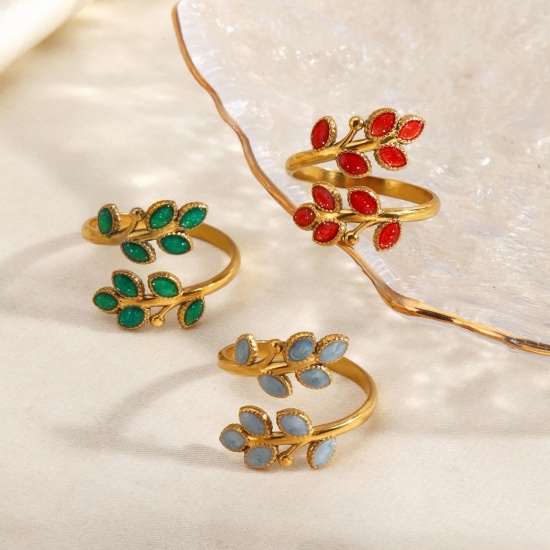 Picture of Wholesale Women's Gift Leaf Multicolor Enamel Open Adjustable Rings, 18K Gold Plated 304 Stainless Steel, PVD Stylish Natural Pastoral Jewelry Supply, 18mm(US Size 7.75)